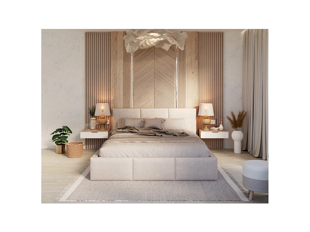 Lit Double Tesia 140x190 + Coffre - Sommier inclus Crème