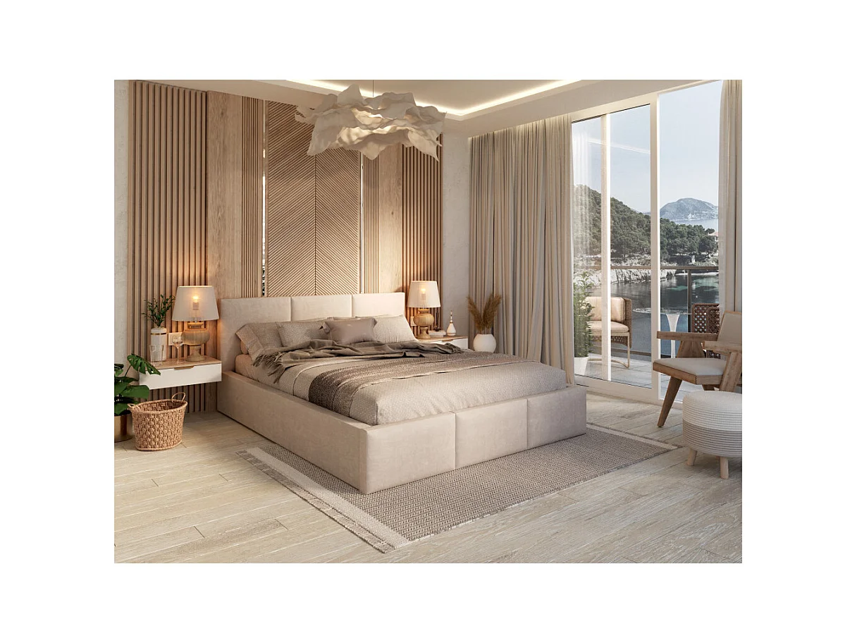 Lit Double Tesia 140x190 + Coffre - Sommier inclus Crème