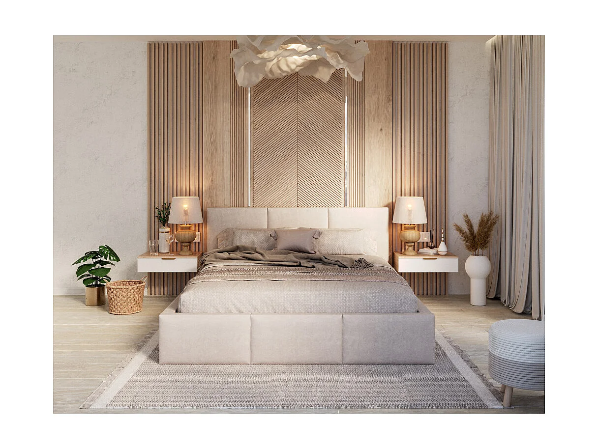 Lit Double Tesia 140x190 + Coffre - Sommier inclus Crème