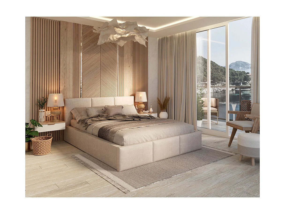 Lit Double Tesia 140x190 + Coffre - Sommier inclus Crème