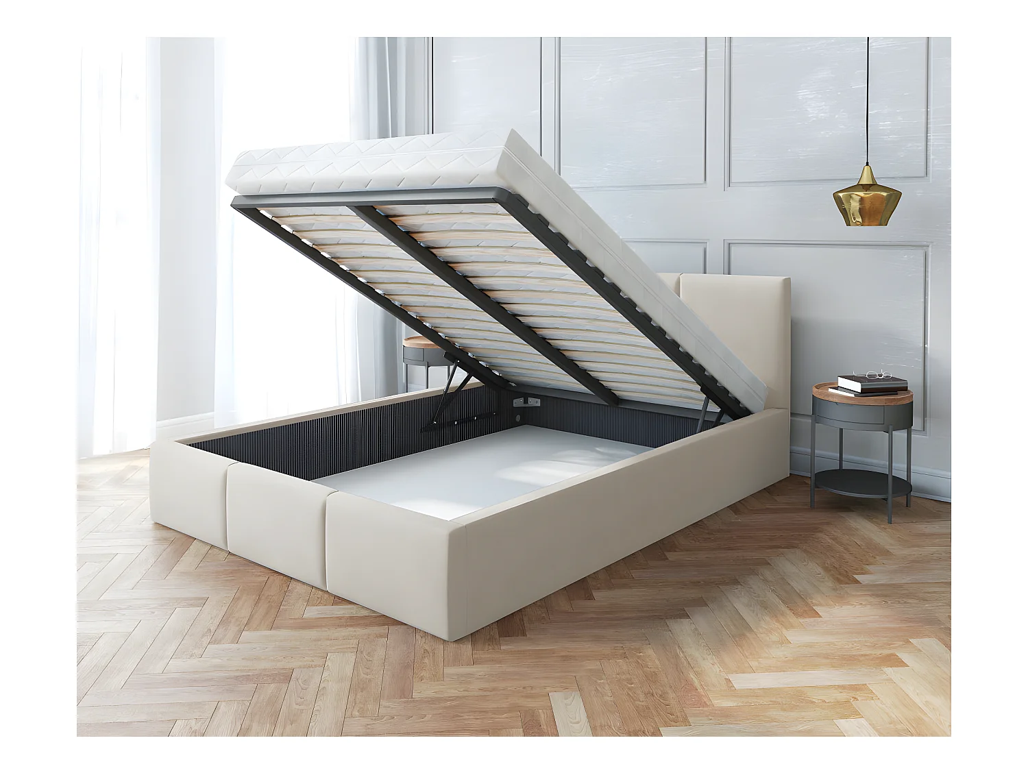 Lit Double Tesia 160x200 + coffre - Sommier inclus Crème