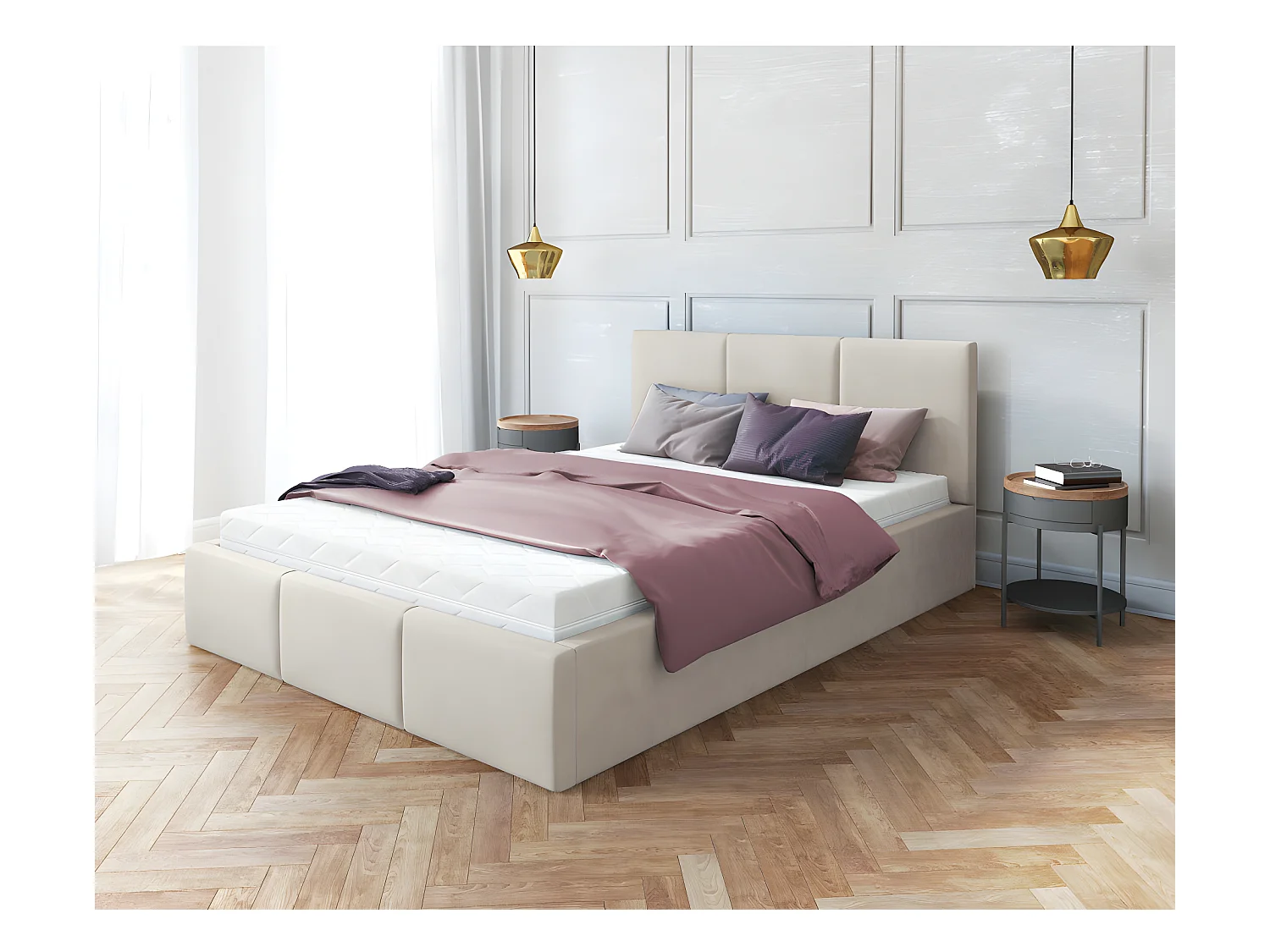 Lit Double Tesia 160x200 + coffre - Sommier inclus Crème