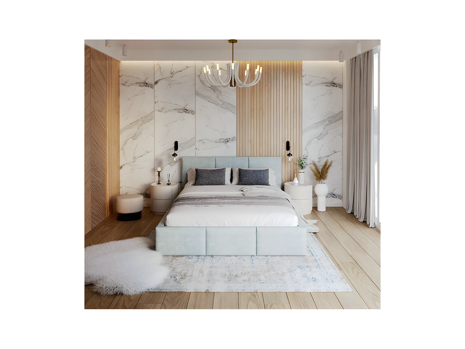 Lit Double Tesia 140x190 + Coffre - Sommier inclus Mint