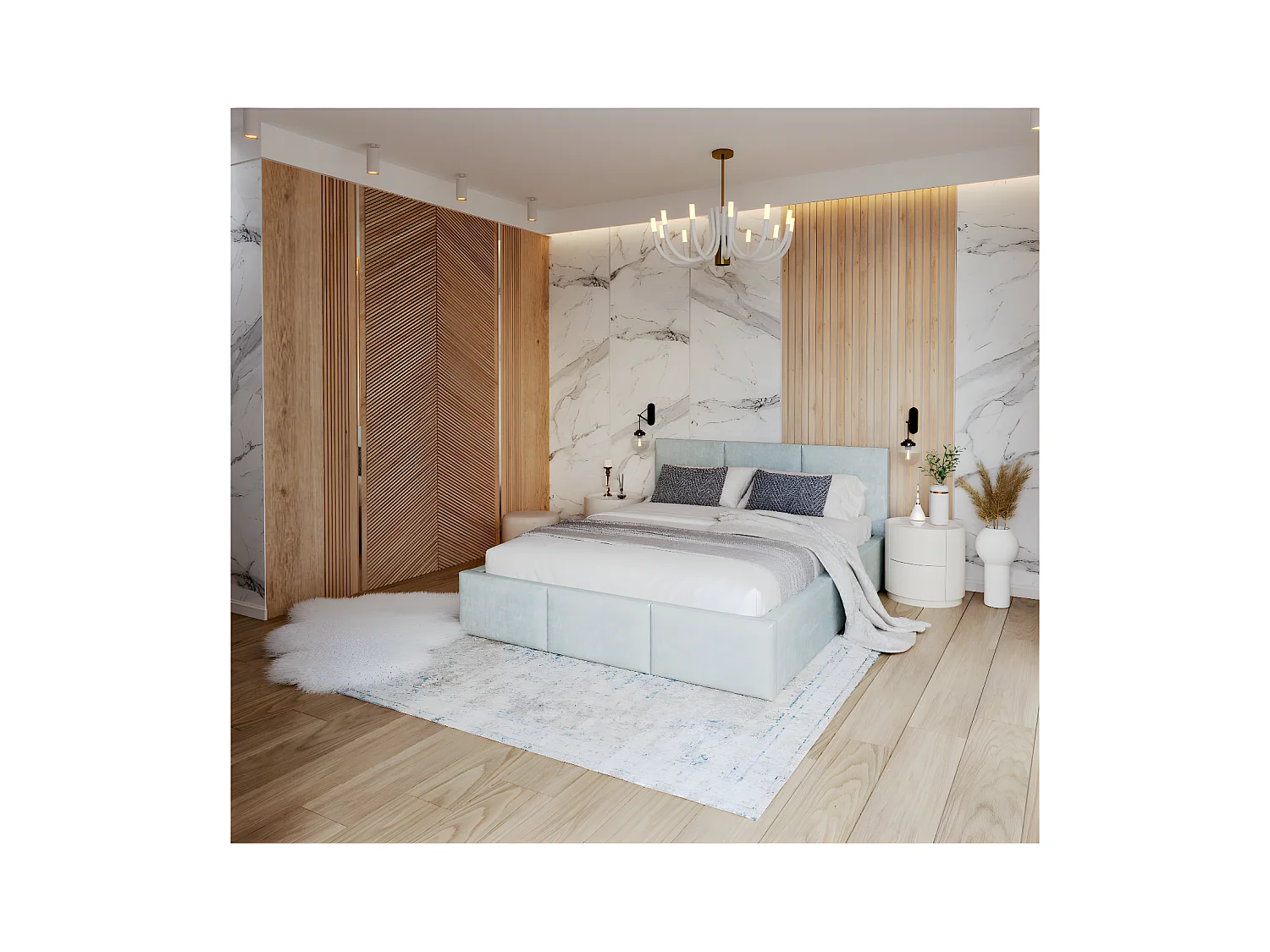 Lit Double Tesia 140x190 + Coffre - Sommier inclus Mint