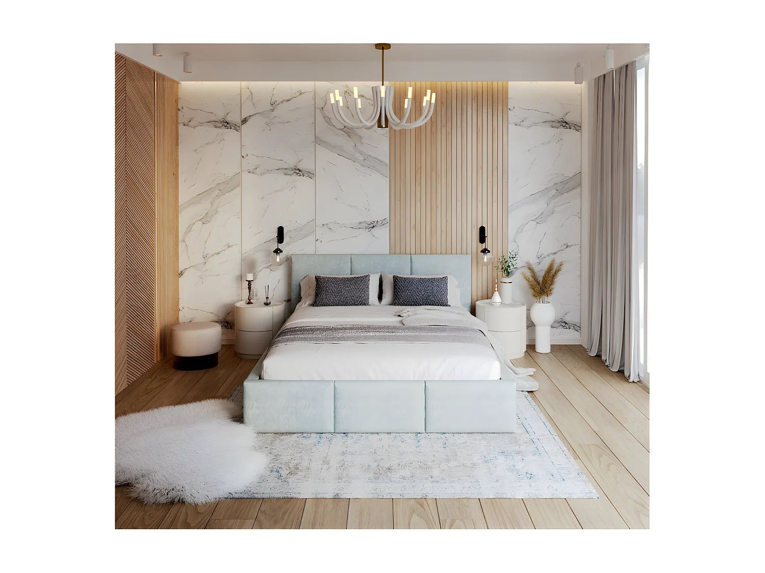 Lit Double Tesia 140x190 + Coffre - Sommier inclus Mint