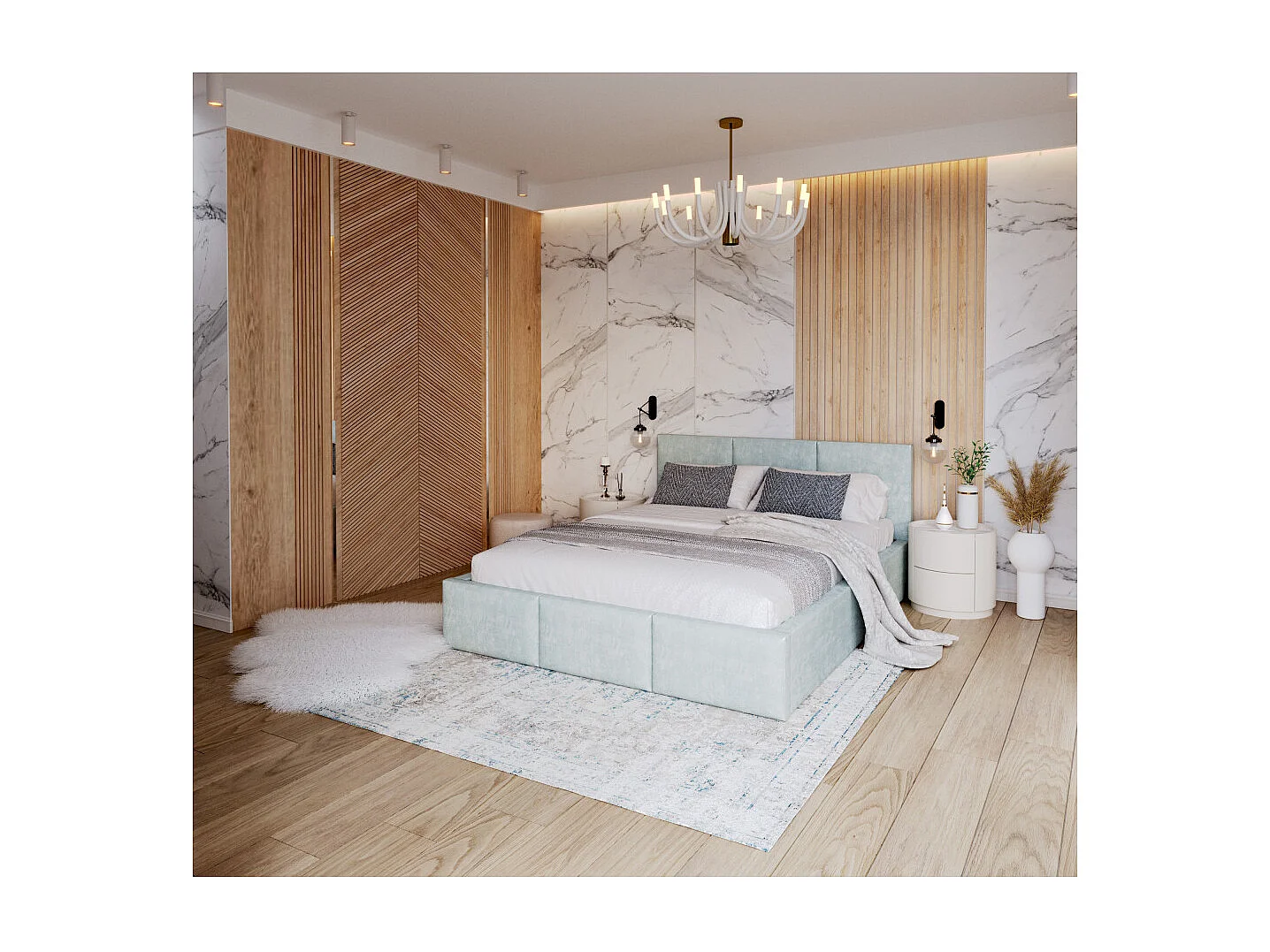 Lit Double Tesia 140x190 + Coffre - Sommier inclus Mint