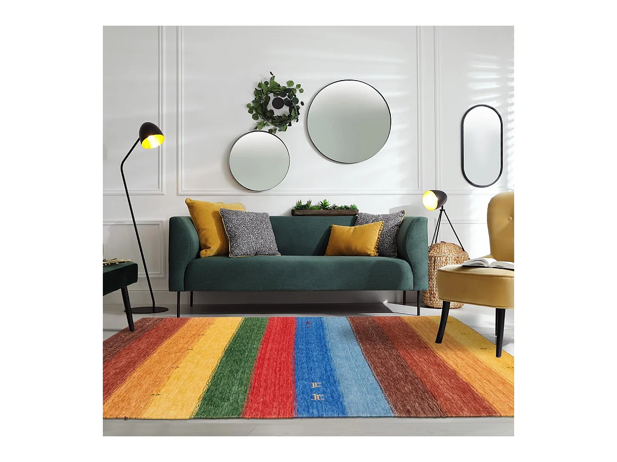 tapis salon 160x230 fait main en laine jaune et orange rectangle motif oriental