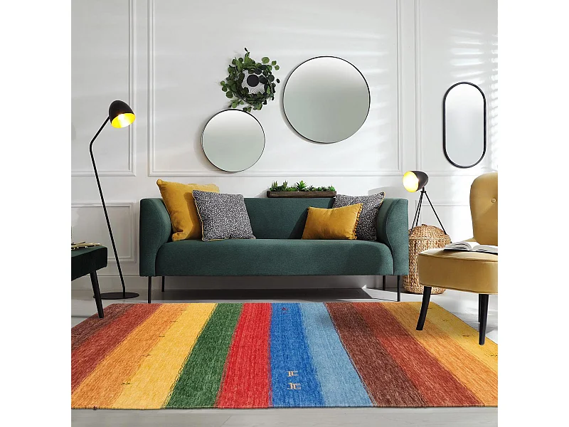 tapis salon 160x230 fait main en laine jaune et orange rectangle motif oriental