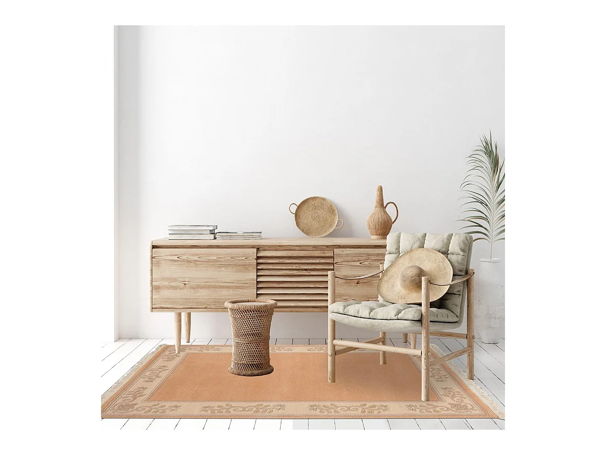 tapis Chambre 90x160 fait main en laine beige et rose rectangle motif floral