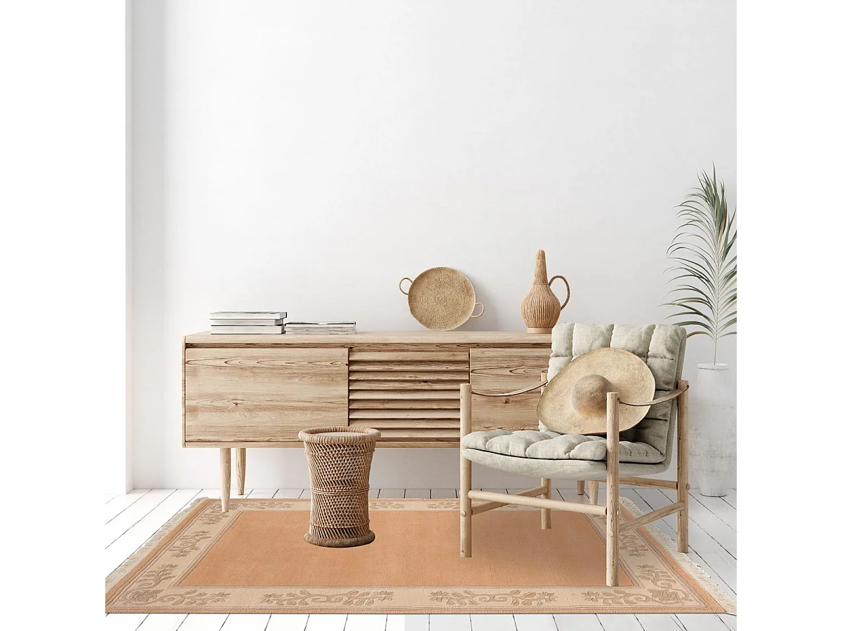 tapis Chambre 90x160 fait main en laine beige et rose rectangle motif floral