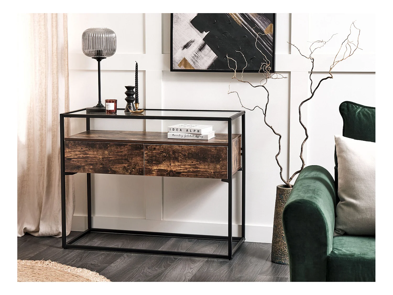 Konsolentisch Glas dunkler Holzfarbton Metallgestell schwarz 2 Schubladen Mauk