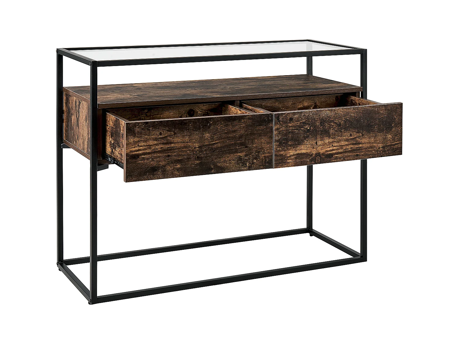Konsolentisch Glas dunkler Holzfarbton Metallgestell schwarz 2 Schubladen Mauk