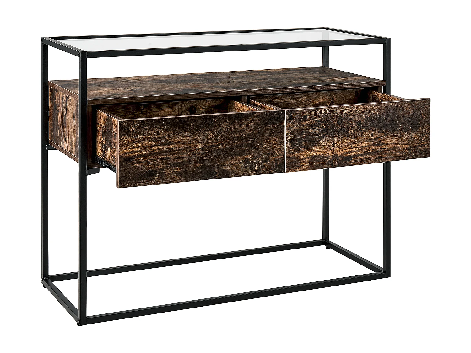 Konsolentisch Glas dunkler Holzfarbton Metallgestell schwarz 2 Schubladen Mauk