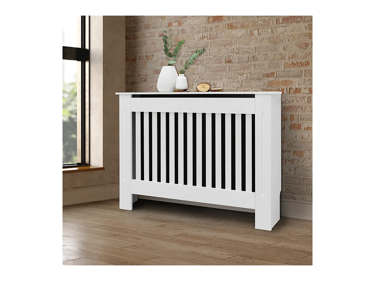 ECD Germany Cubierta para radiador 112x19x82cm MDF lacado blanco diseño de láminas mueble protector vintage acabado mate para calefacción de pared