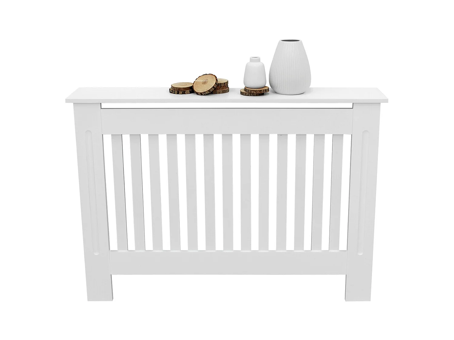 Cache-radiateur 112x19x82 cm blanc à lattes verticales avec une surface d'étagère habillage robuste en bois MDF matériel de montage mural inclus