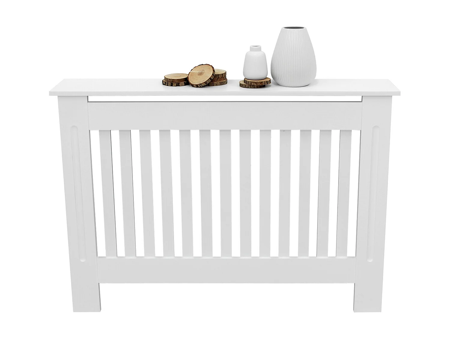 Cache-radiateur 112x19x82 cm blanc à lattes verticales avec une surface d'étagère habillage robuste en bois MDF matériel de montage mural inclus