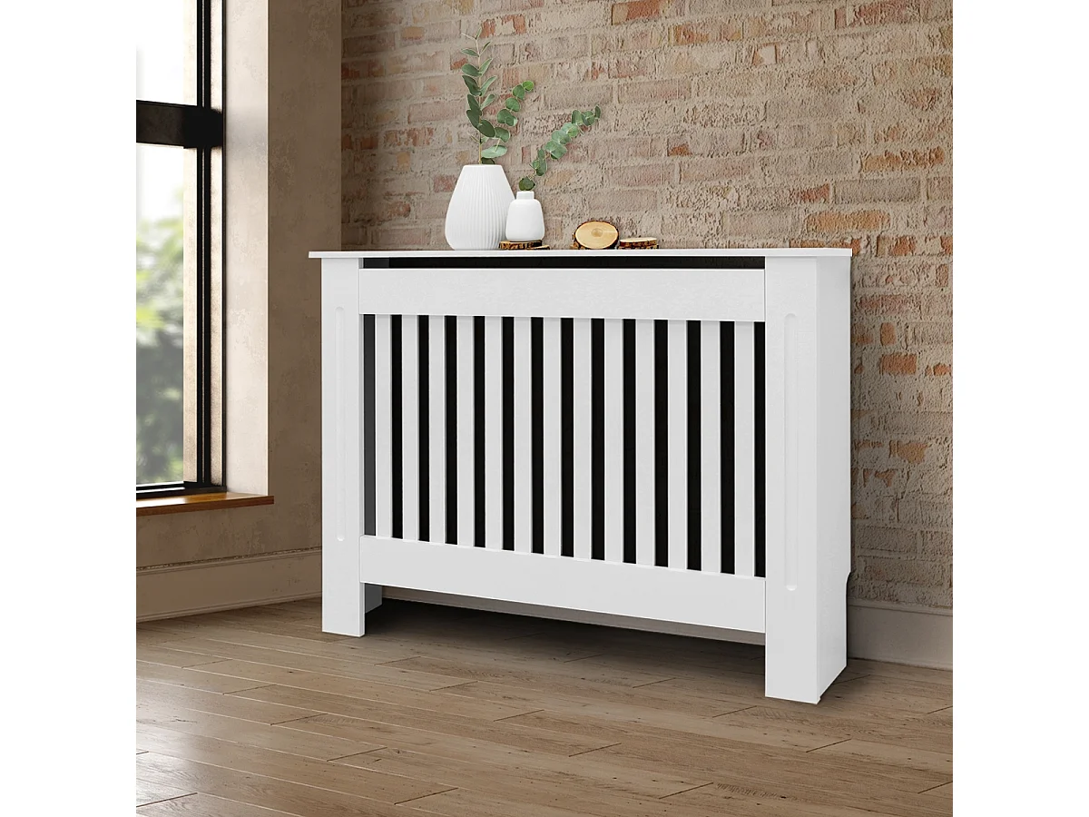 Cache-radiateur 112x19x82 cm blanc à lattes verticales avec une surface d'étagère habillage robuste en bois MDF matériel de montage mural inclus