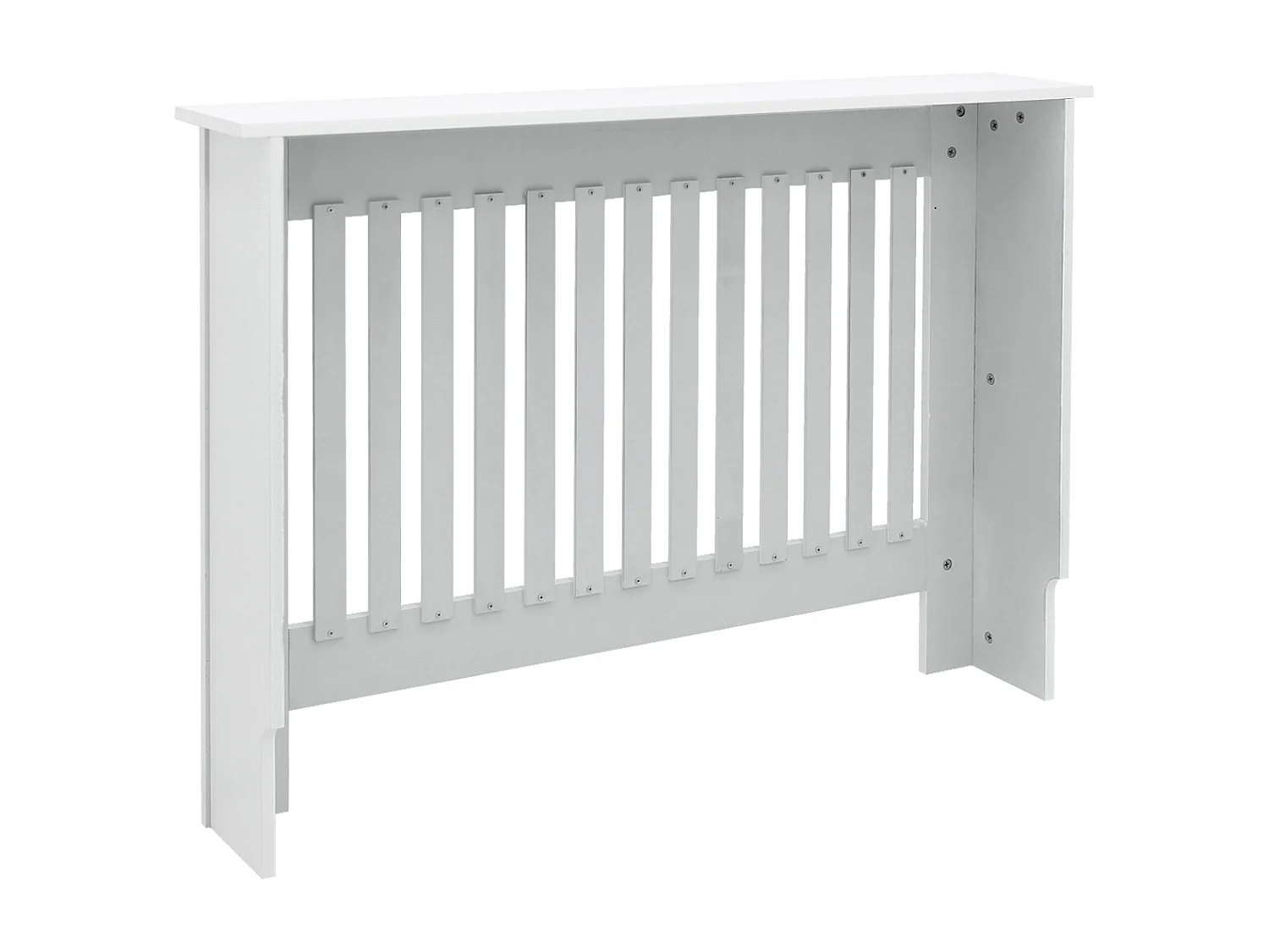 Cache-radiateur 112x19x82 cm blanc à lattes verticales avec une surface d'étagère habillage robuste en bois MDF matériel de montage mural inclus