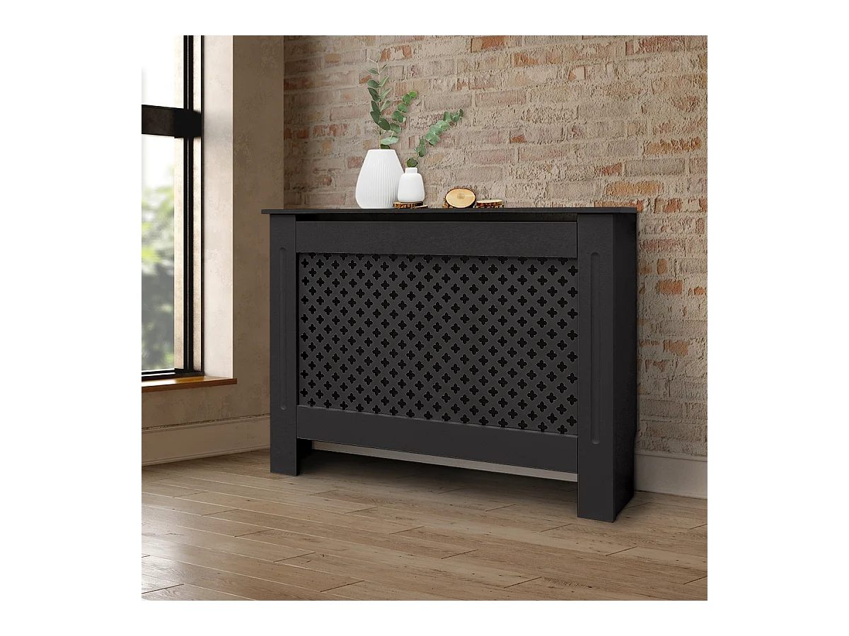 ECD Germany Cubierta para radiador 112x19x82cm MDF lacado negro diseño nido de abejas mueble protector vintage acabado mate para calefacción de pared