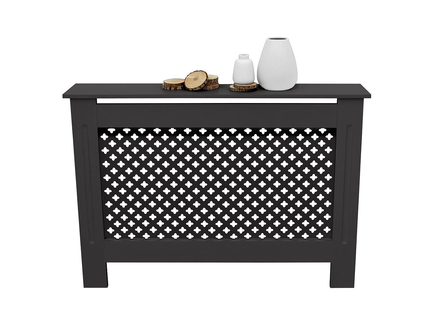 Cache-radiateur 112x19x82 cm noir à lattes croisées avec une surface d'étagère habillage robuste en bois MDF matériel de montage mural inclus
