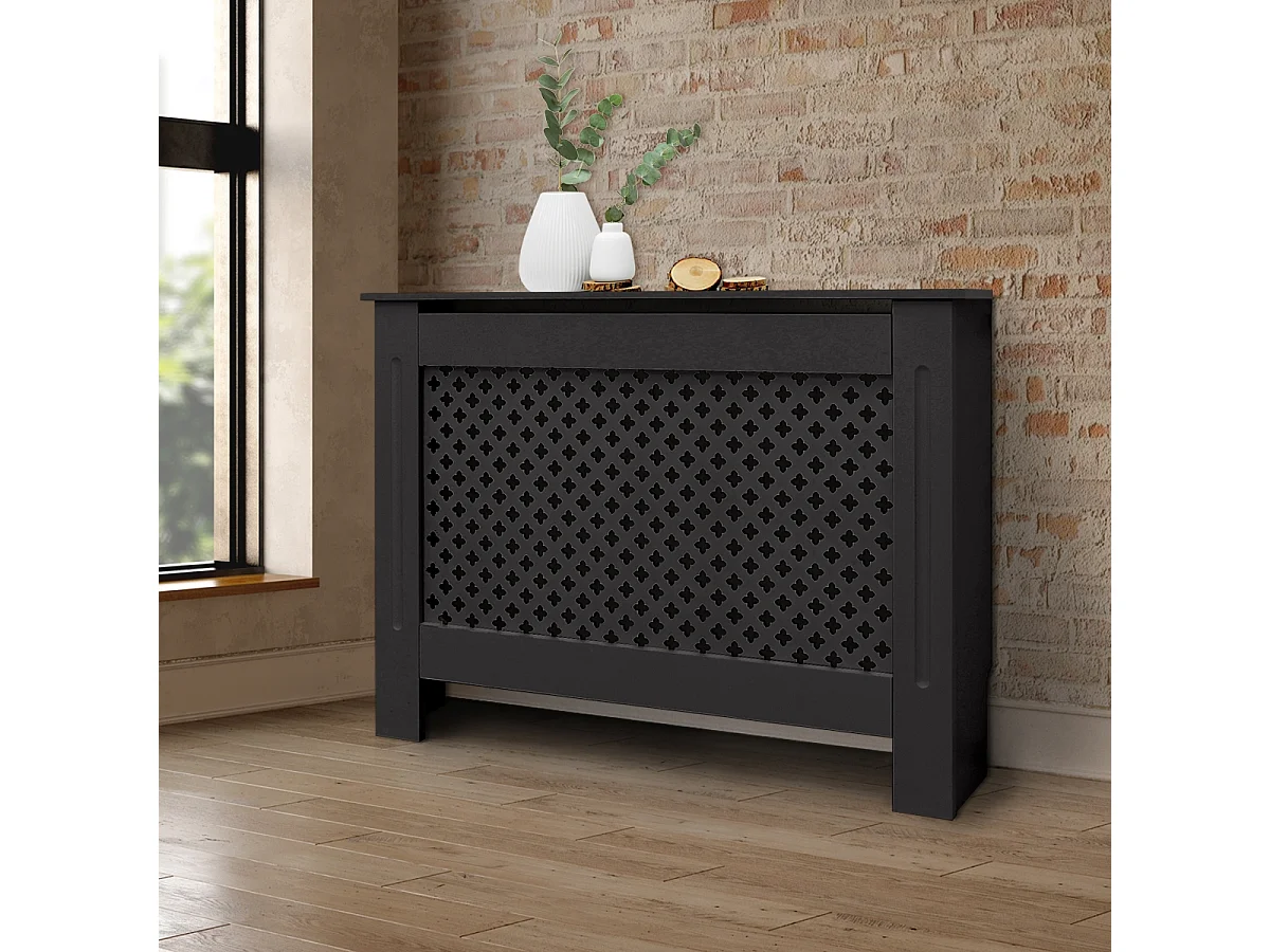 ECD Germany Copritermosifone in legno MDF nero 112x19x82 cm con motivo a nido d'ape piano d'appoggio copertura protettiva per radiatore