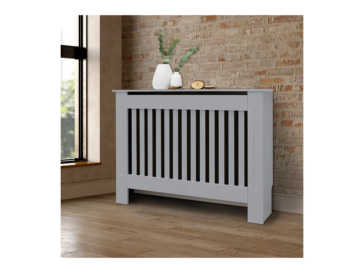 Cache-radiateur 112x19x82 cm gris à lattes verticales avec une surface d'étagère habillage robuste en bois MDF matériel de montage mural inclus