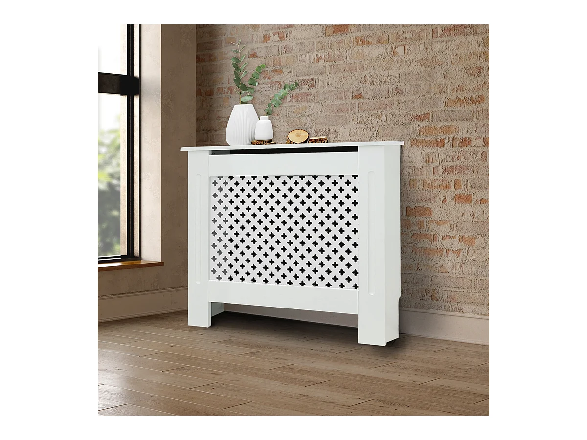 ECD Germany Cubierta para radiador 78x19x82cm MDF lacado blanco diseño nido de abejas mueble protector vintage acabado mate para calefacción de pared