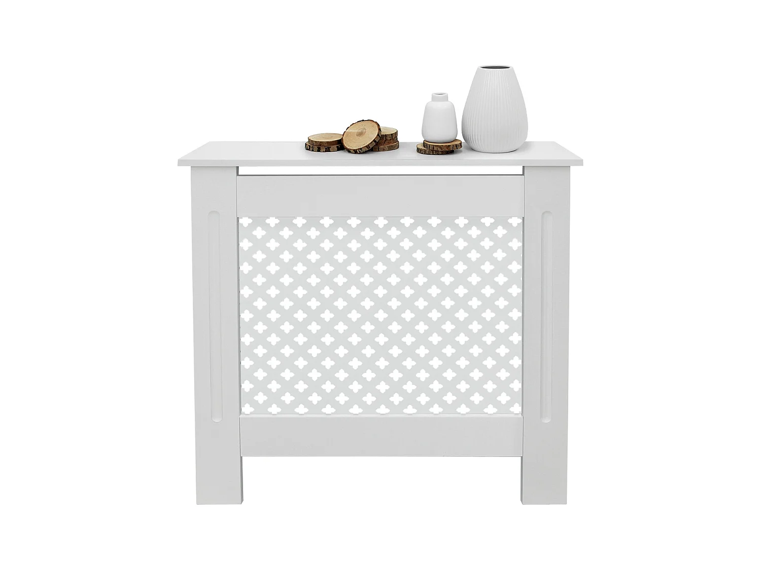 Cache-radiateur 78x19x82 cm blanc à lattes croisées avec une surface d'étagère habillage robuste en bois MDF matériel de montage mural inclus