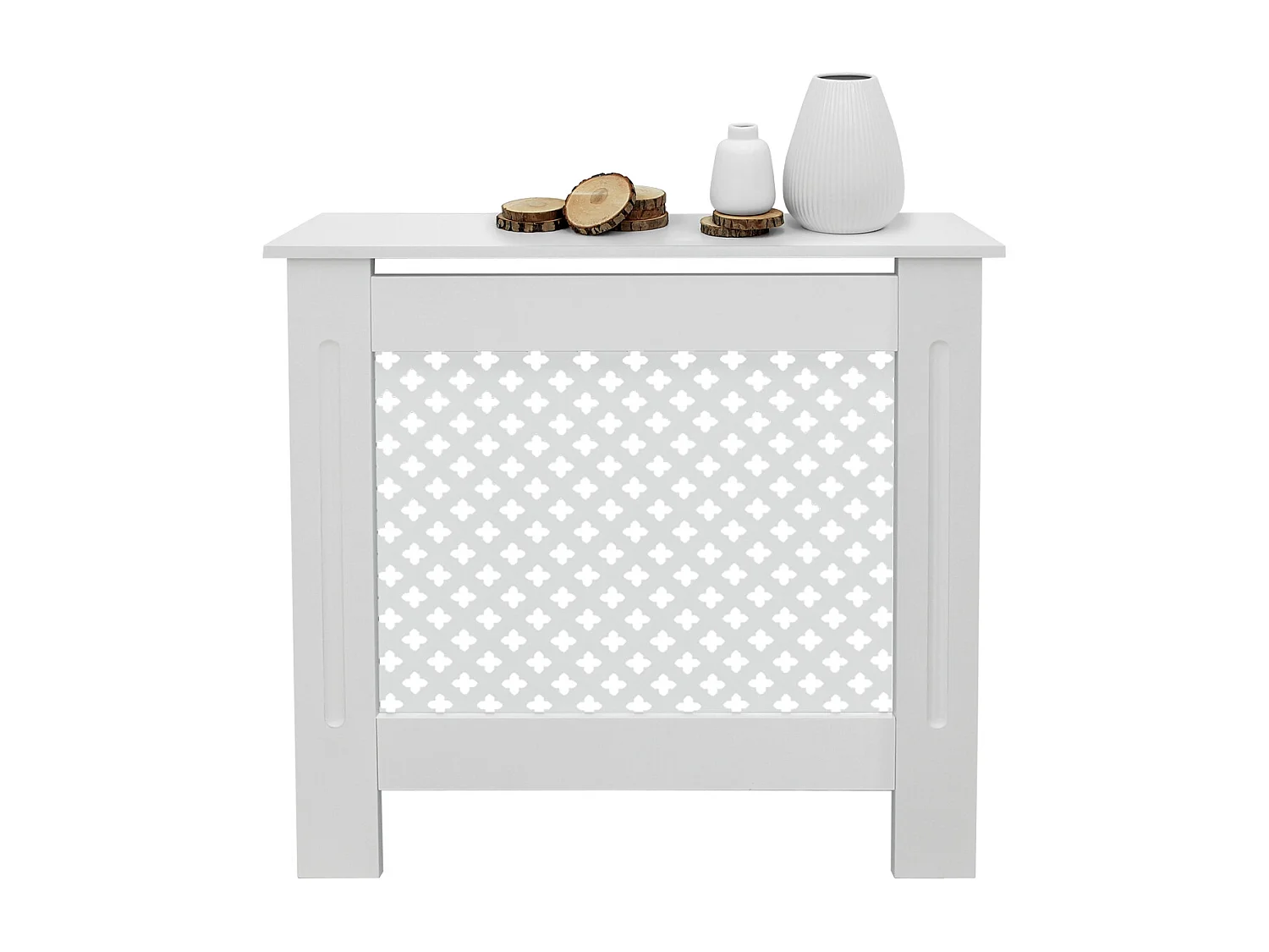 Cache-radiateur 78x19x82 cm blanc à lattes croisées avec une surface d'étagère habillage robuste en bois MDF matériel de montage mural inclus