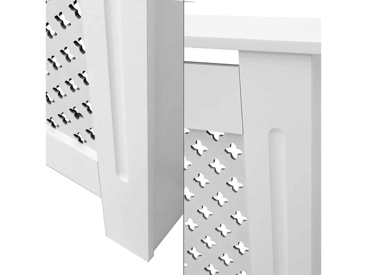Cache-radiateur 78x19x82 cm blanc à lattes croisées avec une surface d'étagère habillage robuste en bois MDF matériel de montage mural inclus