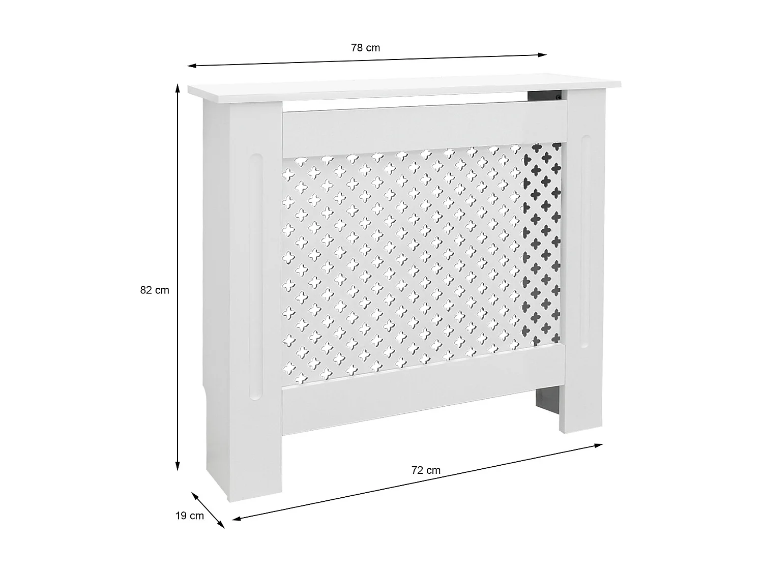 Cache-radiateur 78x19x82 cm blanc à lattes croisées avec une surface d'étagère habillage robuste en bois MDF matériel de montage mural inclus