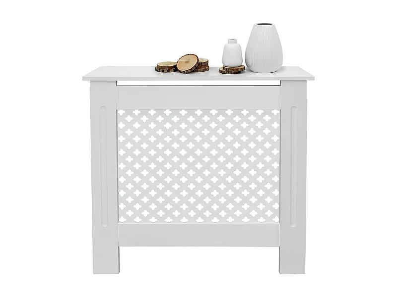 Cache-radiateur 78x19x82 cm blanc à lattes croisées avec une surface d'étagère habillage robuste en bois MDF matériel de montage mural inclus