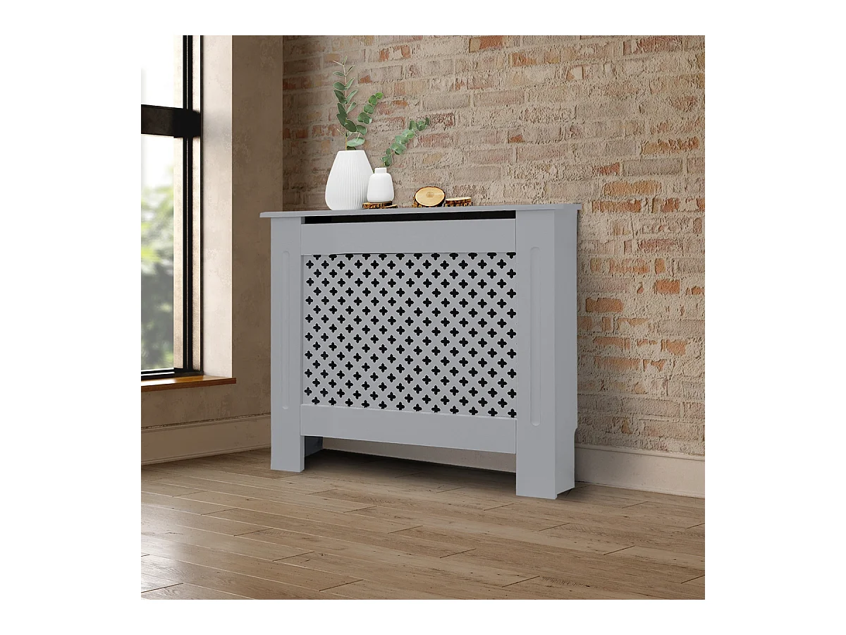 ECD Germany Copritermosifone in legno MDF laccato grigio 78x19x82 cm con motivo a nido d'ape piano d'appoggio copertura protettiva per radiatore