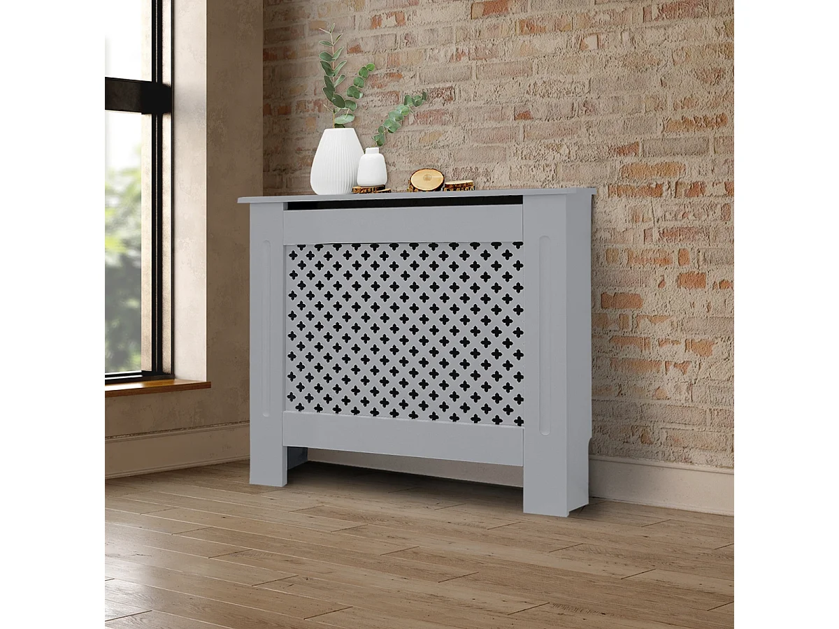 ECD Germany Copritermosifone in legno MDF laccato grigio 78x19x82 cm con motivo a nido d'ape piano d'appoggio copertura protettiva per radiatore