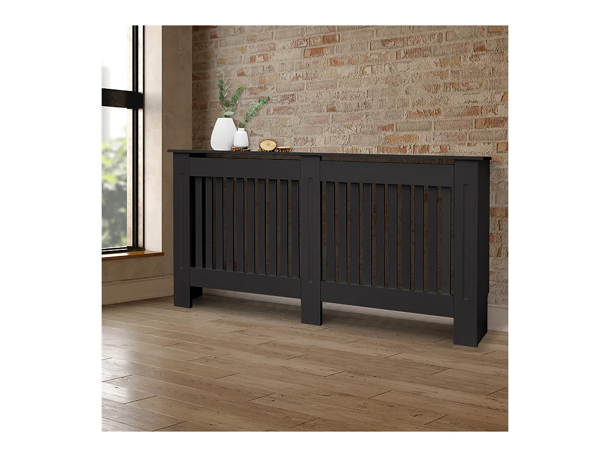 ECD Germany Cubierta para radiador 152x19x82cm MDF lacado negro diseño de láminas mueble protector vintage con acabado mate para calefacción de pared