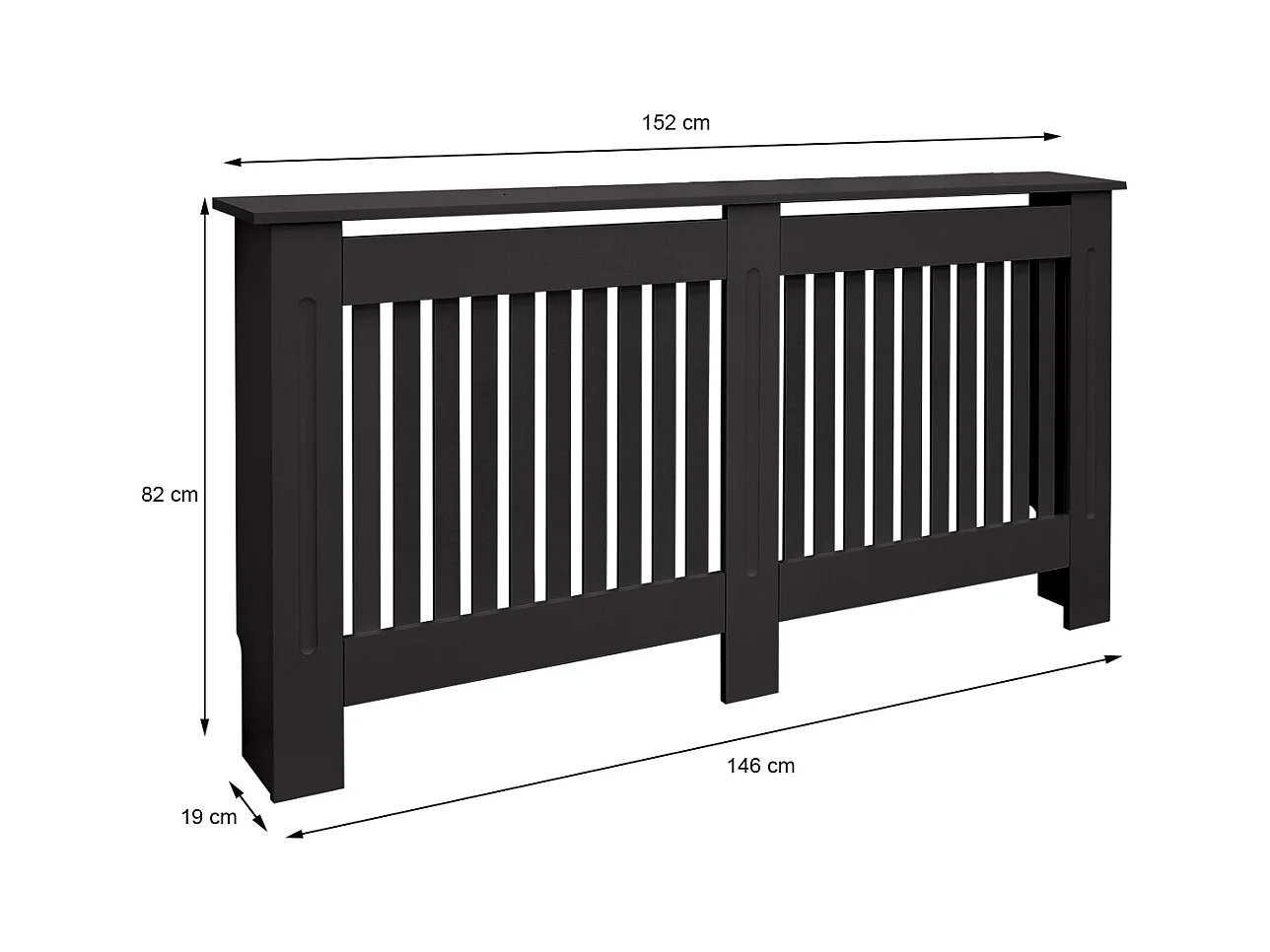 ECD Germany Cubierta para radiador 152x19x82cm MDF lacado negro diseño de láminas mueble protector vintage con acabado mate para calefacción de pared