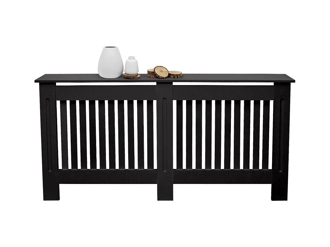 Cache-radiateur 152x19x82 cm noir à lattes verticales avec une surface d'étagère habillage robuste en bois MDF matériel de montage mural inclus