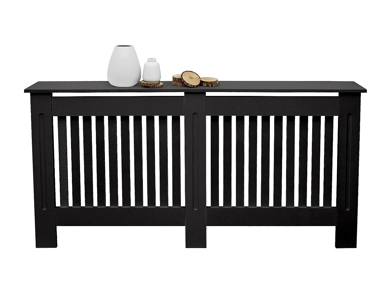 Cache-radiateur 152x19x82 cm noir à lattes verticales avec une surface d'étagère habillage robuste en bois MDF matériel de montage mural inclus