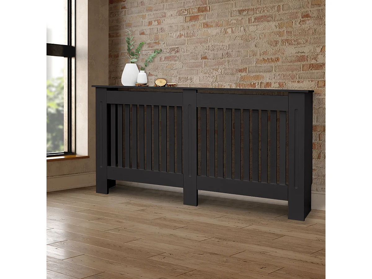 Cache-radiateur 152x19x82 cm noir à lattes verticales avec une surface d'étagère habillage robuste en bois MDF matériel de montage mural inclus