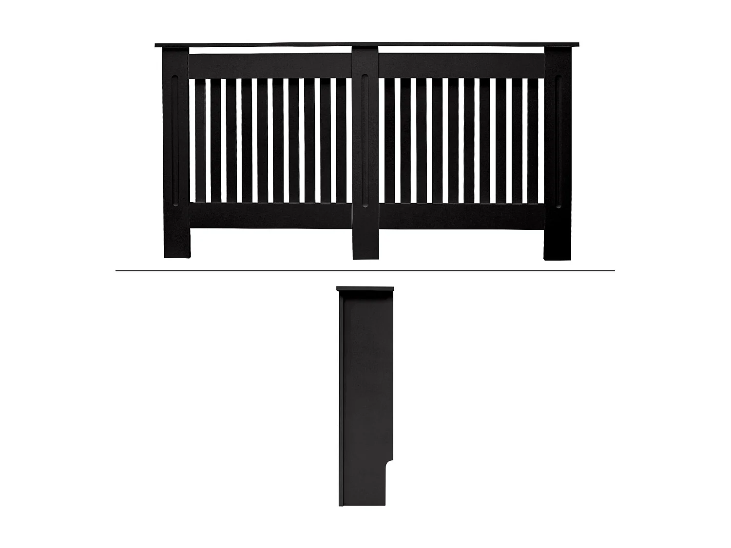 Cache-radiateur 152x19x82 cm noir à lattes verticales avec une surface d'étagère habillage robuste en bois MDF matériel de montage mural inclus