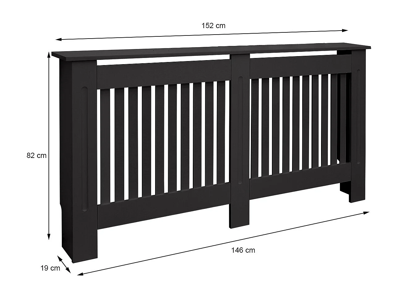 Cache-radiateur 152x19x82 cm noir à lattes verticales avec une surface d'étagère habillage robuste en bois MDF matériel de montage mural inclus