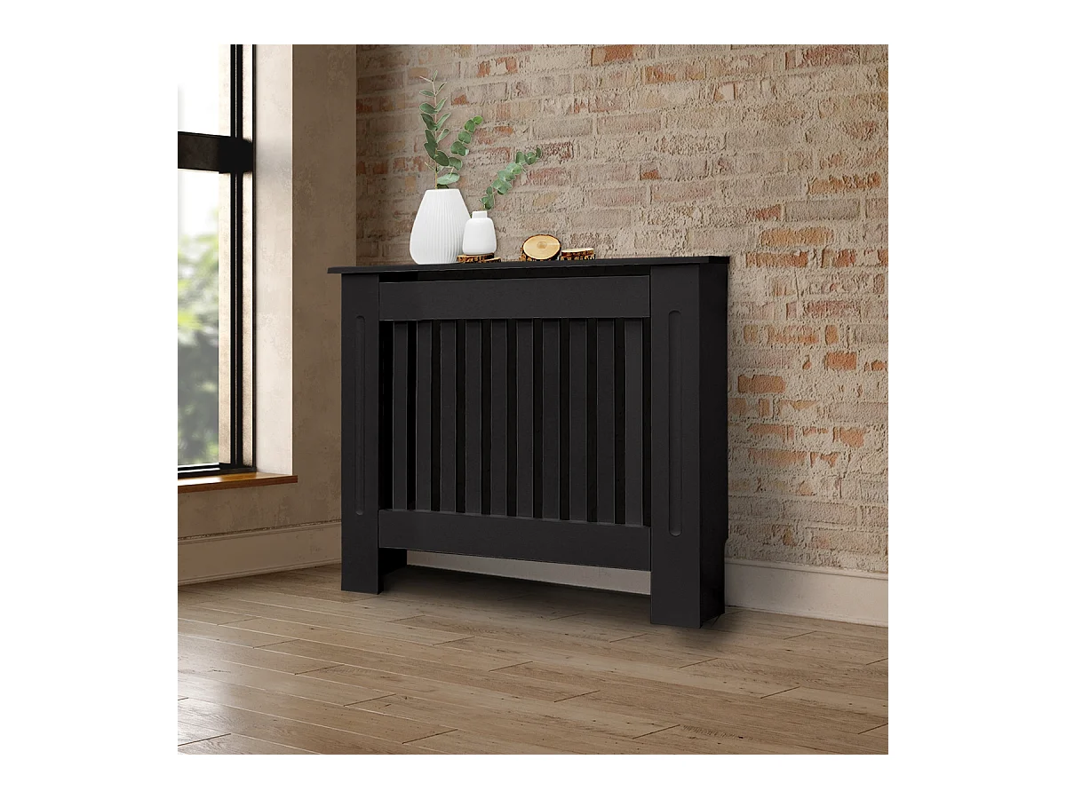 ECD Germany Cubierta para radiador 78x19x82cm MDF lacado negro diseño de láminas mueble protector vintage acabado mate para calefacción de pared