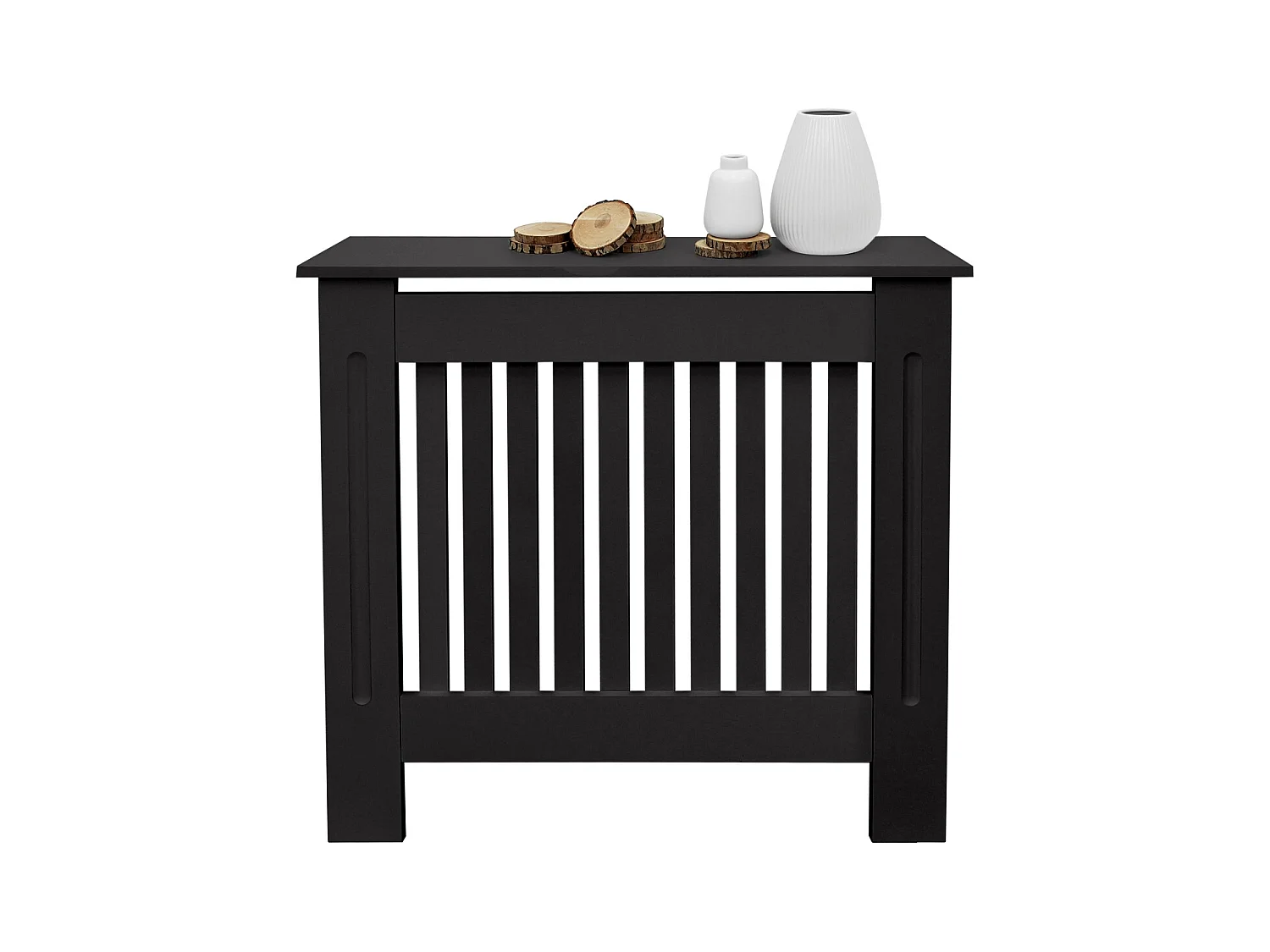 Cache-radiateur 78x19x82 cm noir à lattes verticales avec une surface d'étagère habillage robuste en bois MDF matériel de montage mural inclus