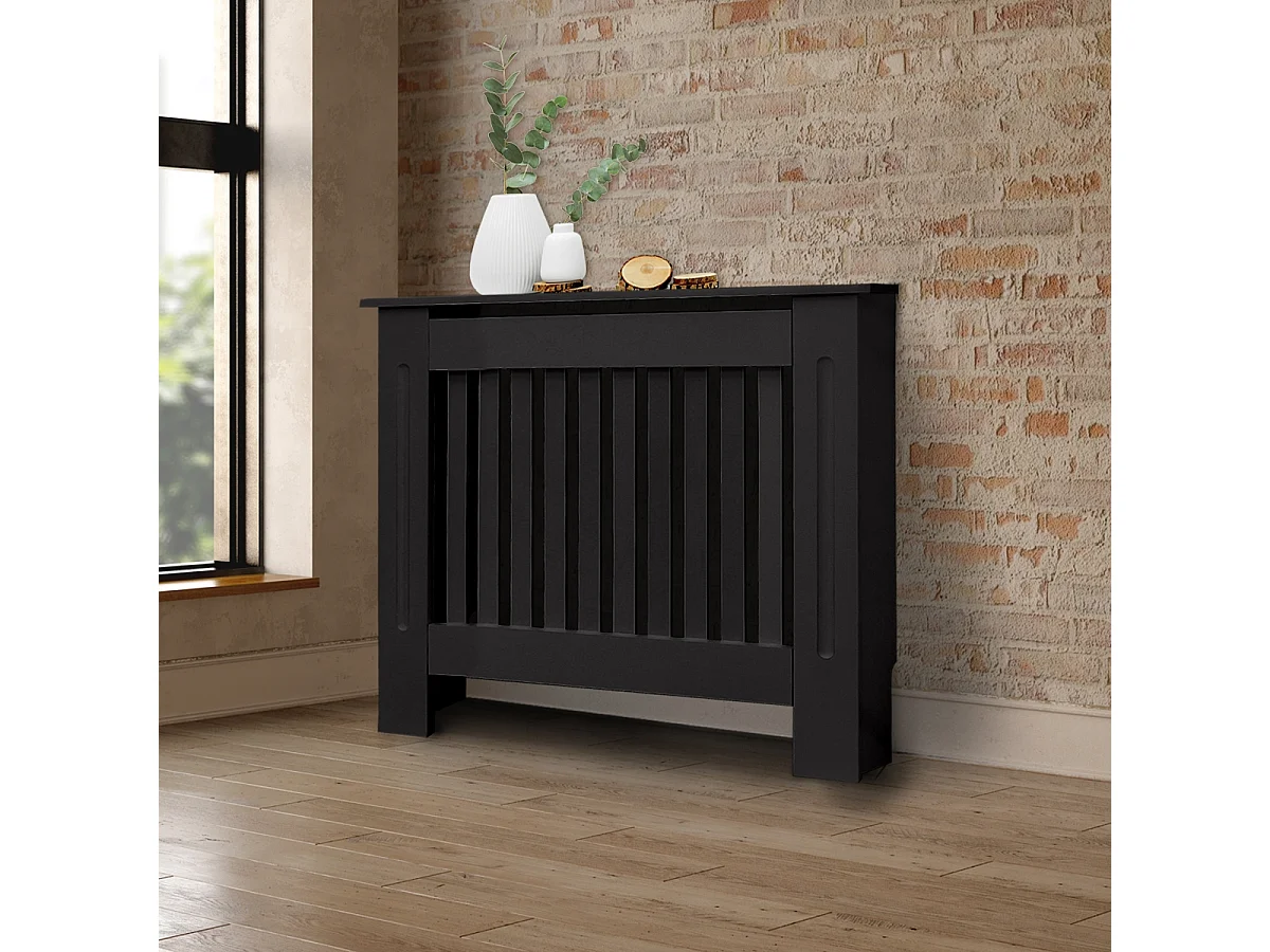 ECD Germany Copritermosifone in legno MDF nero 78x19x82 cm stile casa di campagna con piano d'appoggio copertura protettiva per radiatore