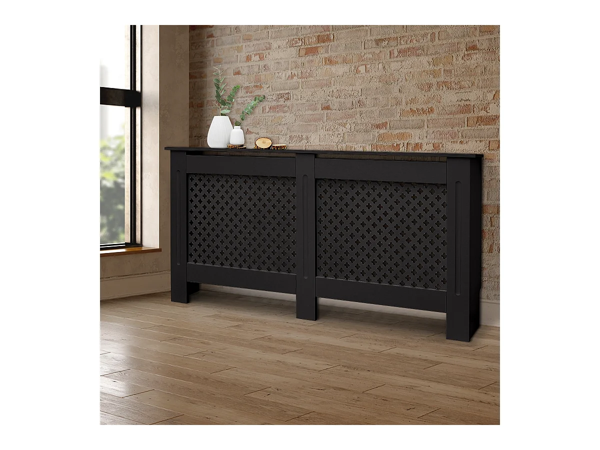 ECD Germany Cubierta para radiador 152x19x82cm MDF lacado negro diseño nido de abejas mueble protector vintage acabado mate para calefacción de pared