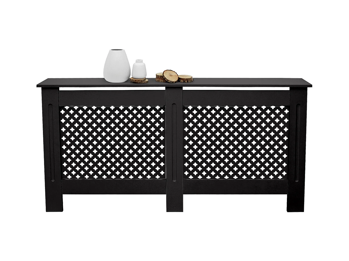 Cache-radiateur 152x19x82 cm noir à lattes croisées avec une surface d'étagère habillage robuste en bois MDF matériel de montage mural inclus