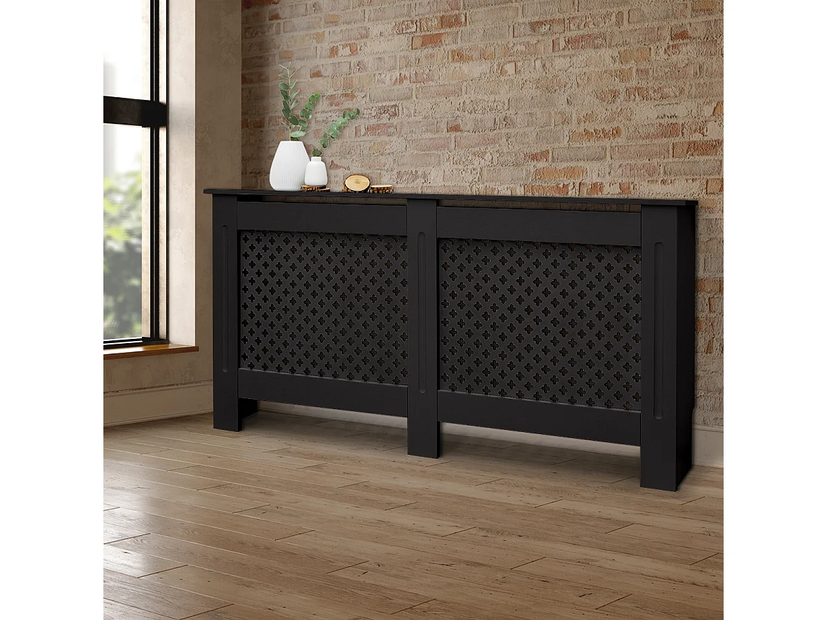 ECD Germany Copritermosifone in legno MDF nero 152x19x82 cm con motivo a nido d'ape piano d'appoggio copertura protettiva per radiatore