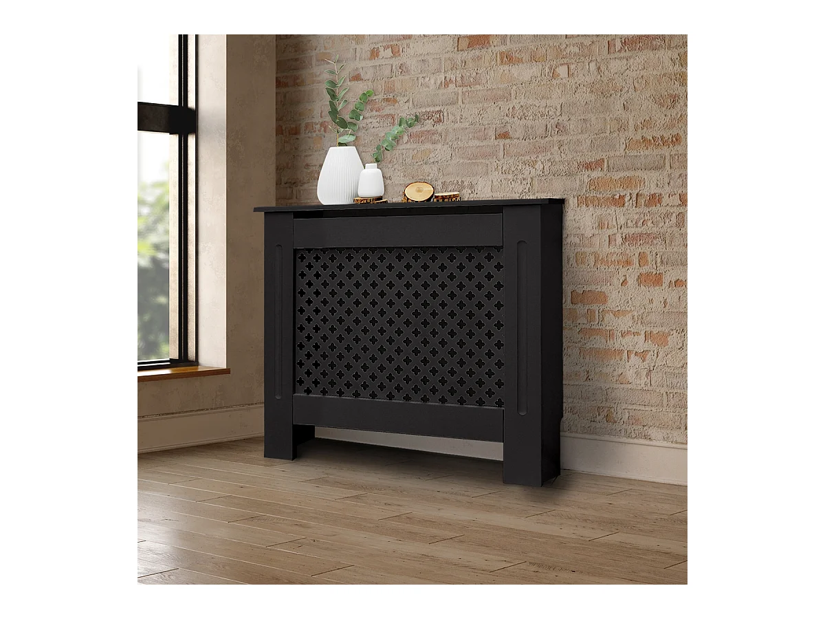 ECD Germany Cubierta para radiador 78x19x82cm MDF lacado negro diseño nido de abejas mueble protector vintage acabado mate para calefacción de pared