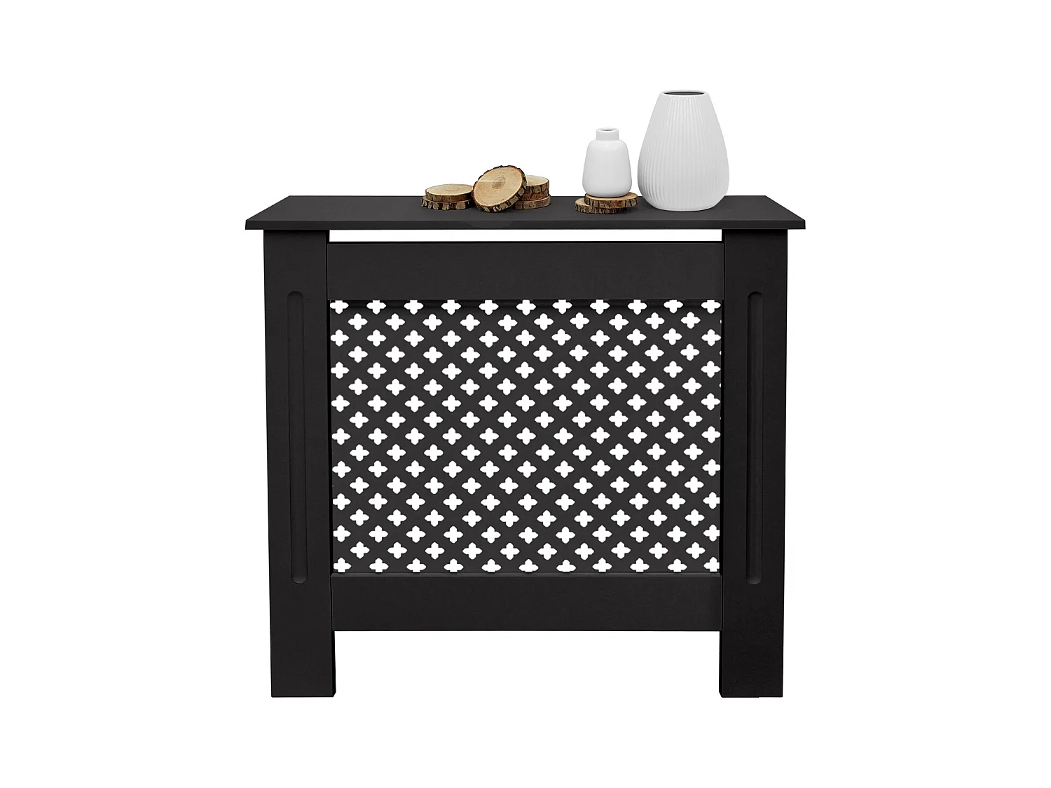 Cache-radiateur 78x19x82 cm noir à lattes croisées avec une surface d'étagère habillage robuste en bois MDF matériel de montage mural inclus