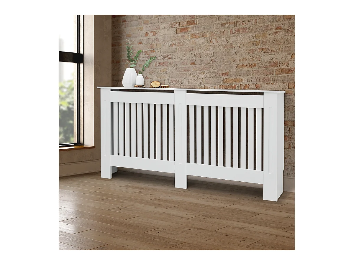 ECD Germany Cubierta para radiador 152x19x82cm MDF lacado blanco diseño de láminas mueble protector vintage acabado mate para calefacción de pared